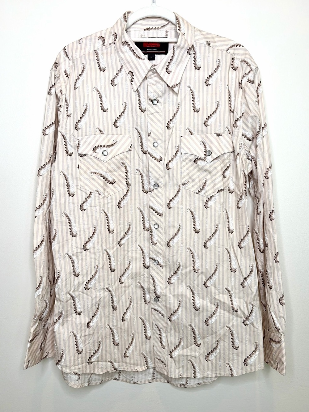 Rock and Roll Denim Beige Paisley Print Long-Sleeve Pearl Snap Shirt (A)